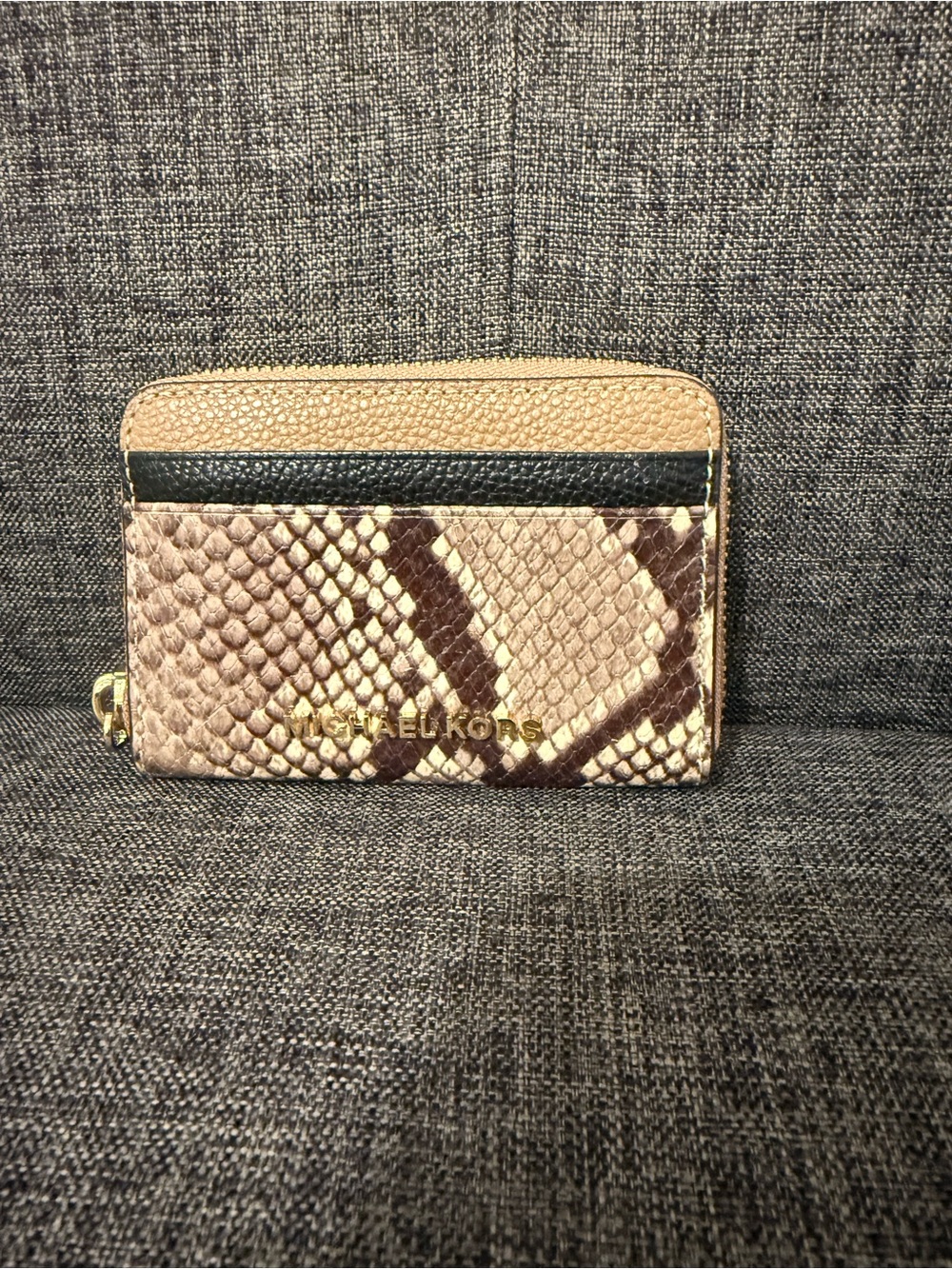 Michael Kors Tan Snake-Print Card Case with Black Trim